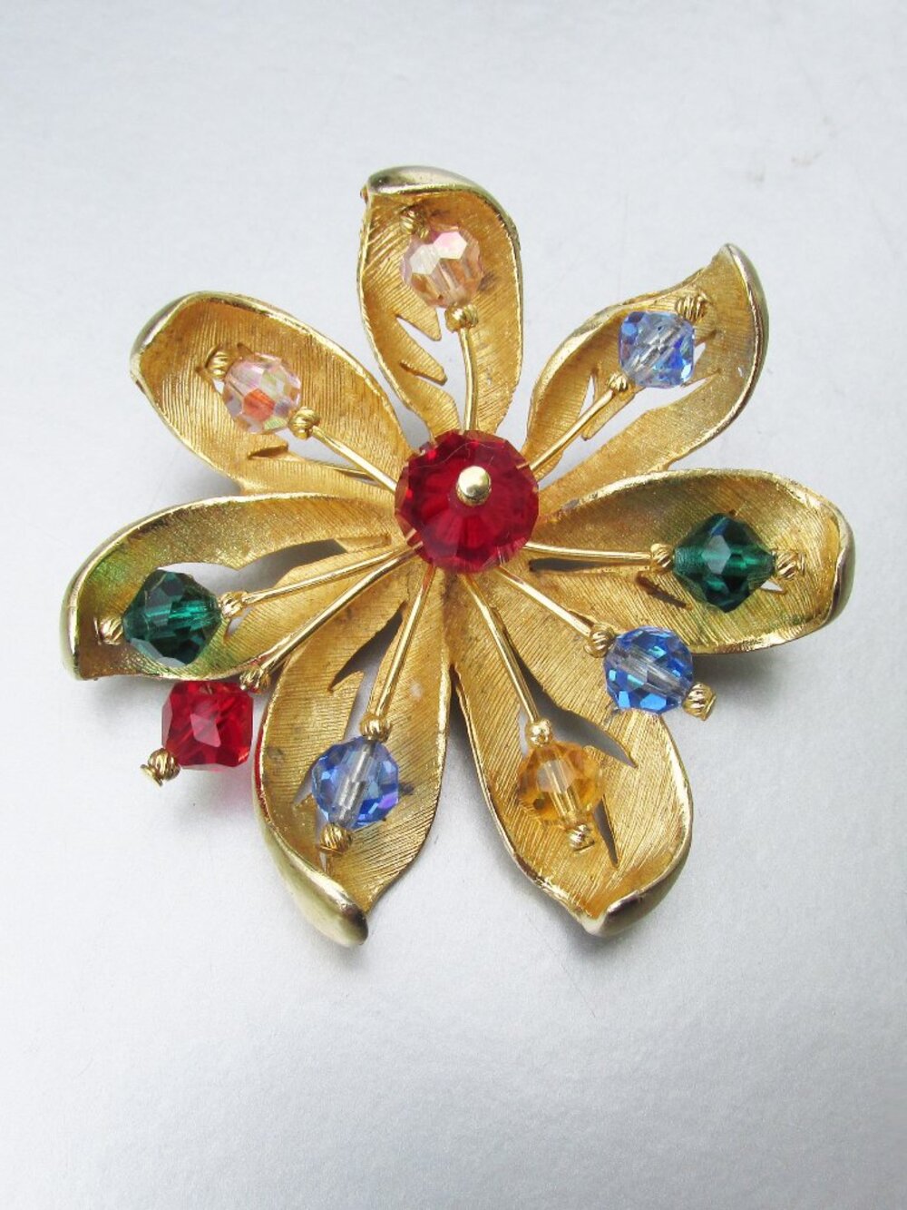 Signed CORO Vintage Multi Color Crystal Bead Gold Tone Flower Brooch Pin MINT